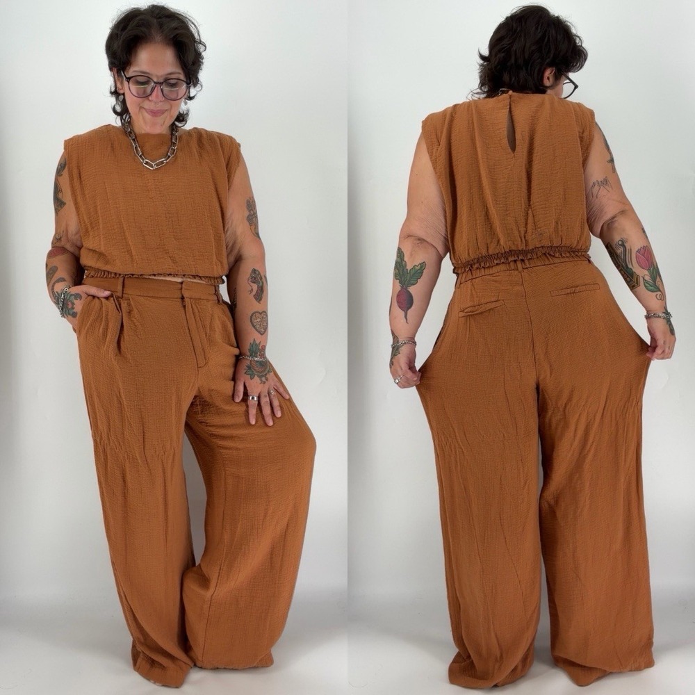 A New Day matching set crinkle gauze outfit high rise flowy XXL rust terracotta